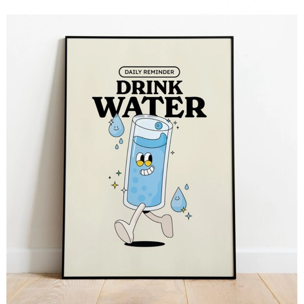 Black wall frame featuring a daily reminder message about drinking water, with a cartoon character running towards a glass of water, accompanied by a clear drip bottle