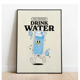 Black wall frame featuring a daily reminder message about drinking water, with a cartoon character running towards a glass of water, accompanied by a clear drip bottle