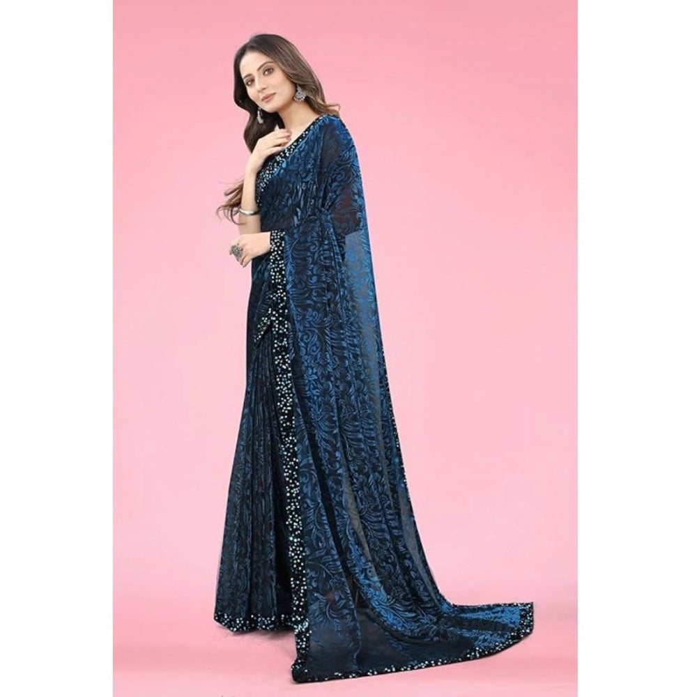 Blue Lycra floral saree with unstitched blouse (5.5m), women's traditional Indian wear
