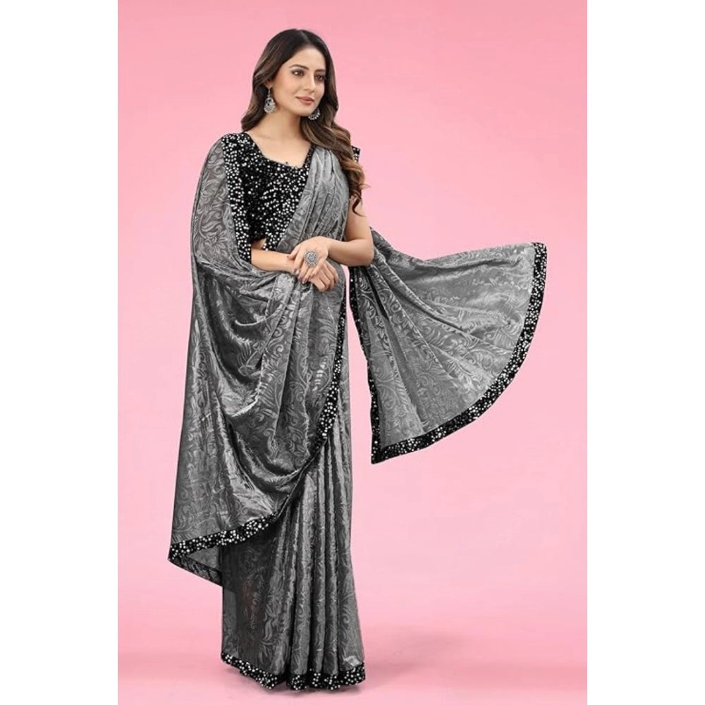 Grey Lycra floral saree with unstitched blouse (5.5mtr), stylish women's wear for traditional events