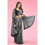 Grey Lycra floral saree with unstitched blouse (5.5mtr), stylish women's wear for traditional events