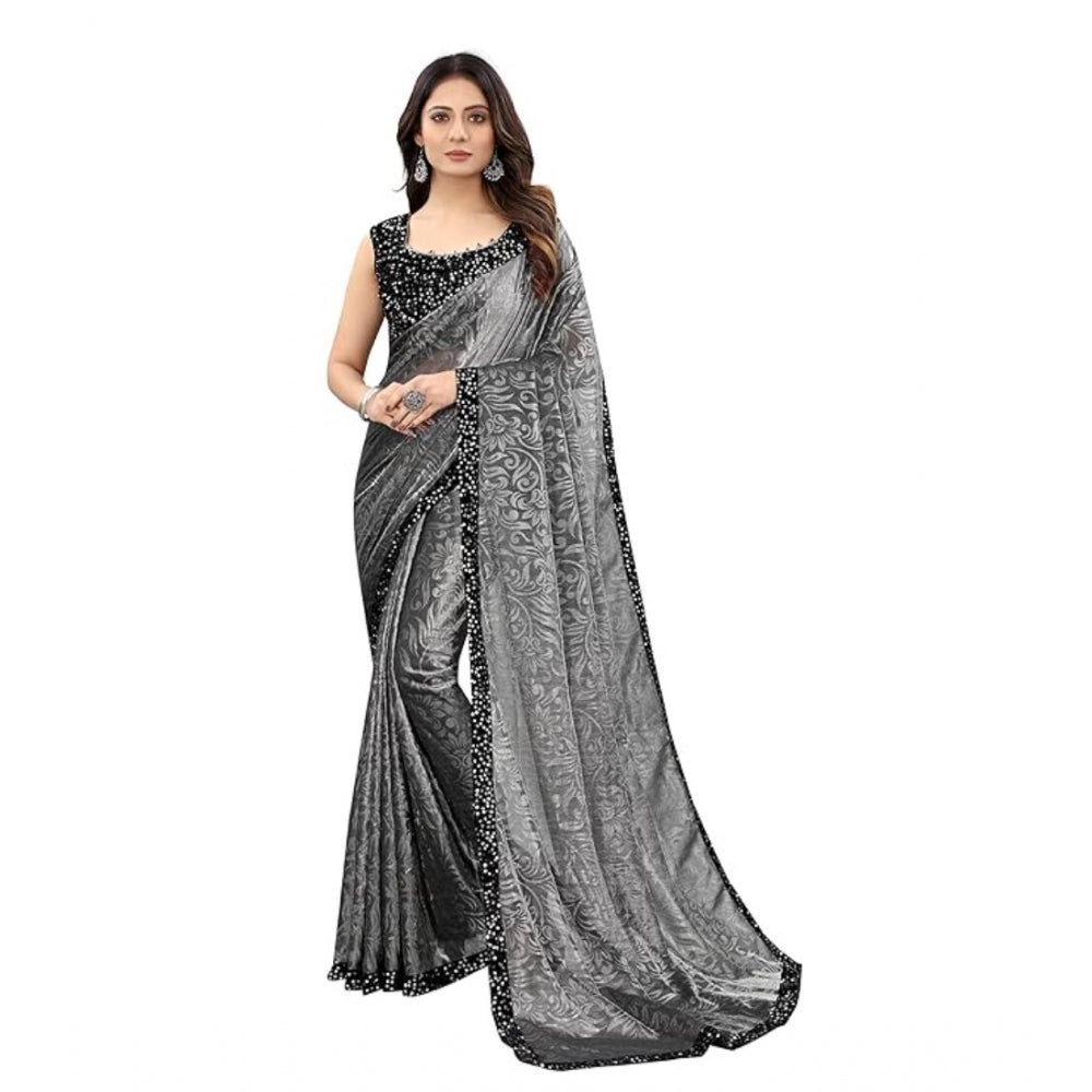Grey Lycra floral saree with unstitched blouse (5.5 mtr), women's fashion accessory on hanger