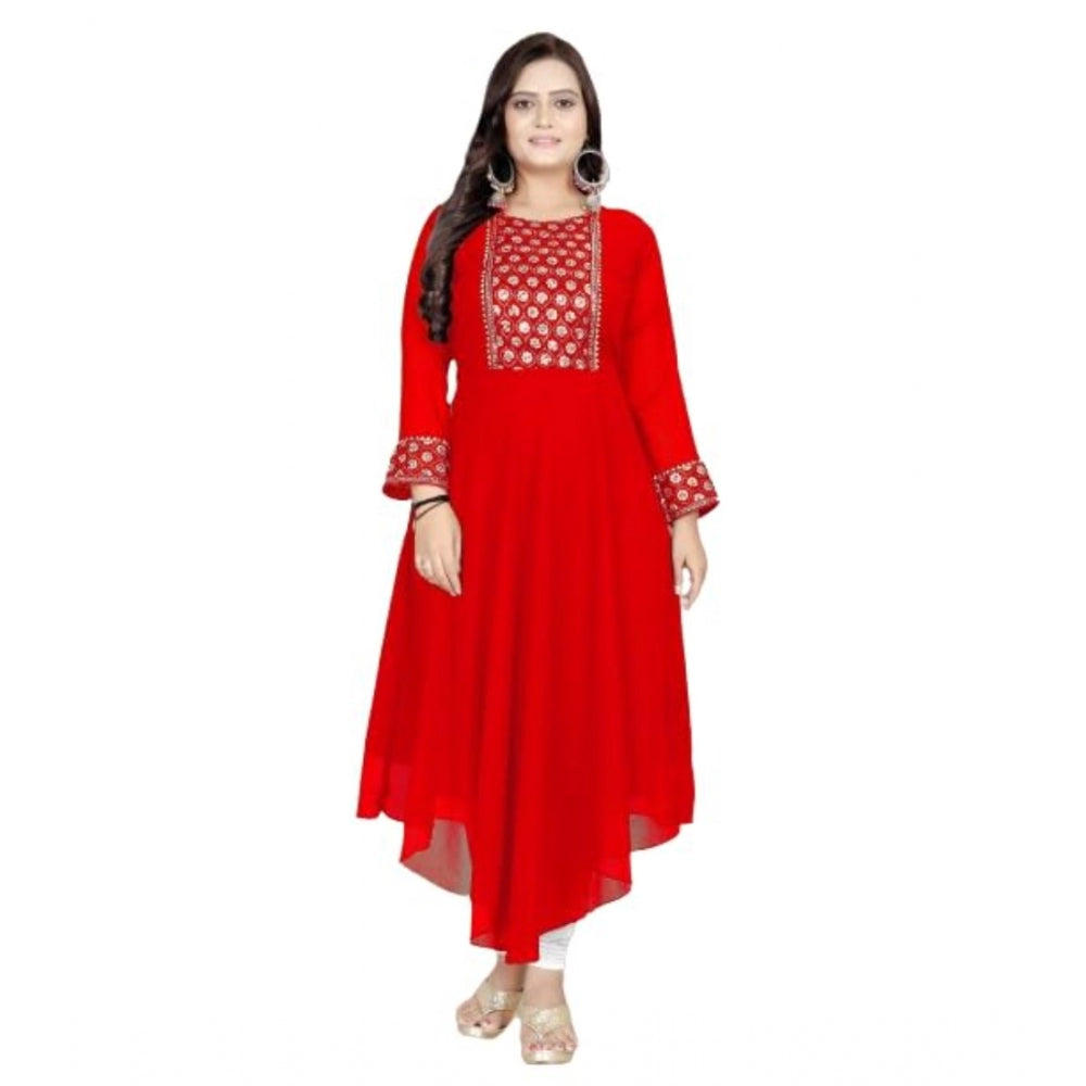 Red georgette embroidered kurti with round neck and full sleeves on mannequin