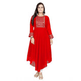 Red georgette embroidered kurti with round neck and full sleeves on mannequin