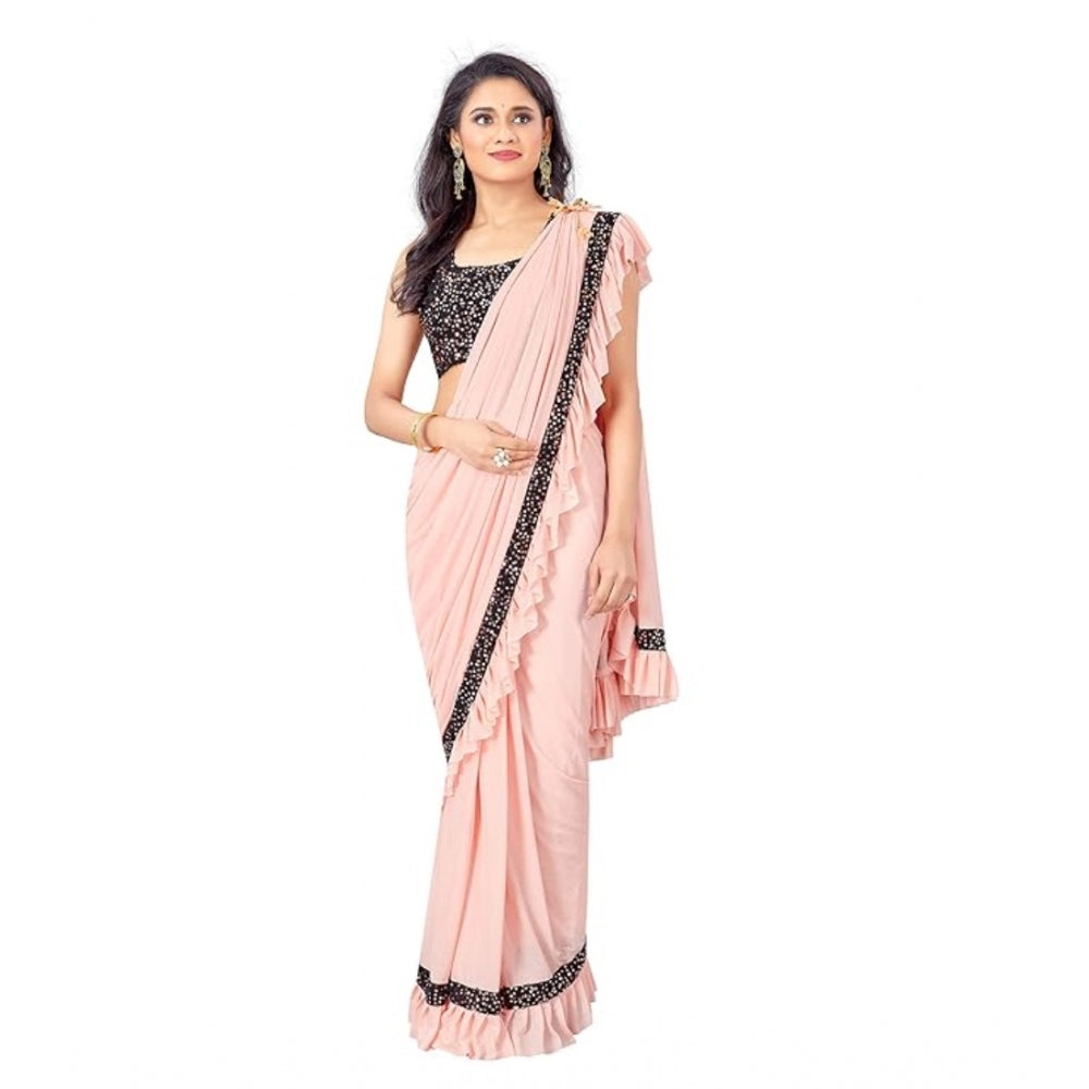 Women's Lycra Solid Saree With Unstitched Blouse (Peach, 5.5 Mtr) - GillKart