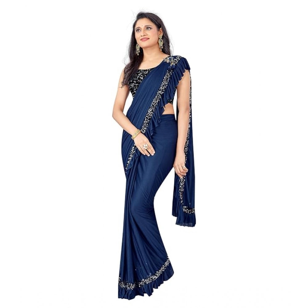 Nay Blue Lycra solid saree with unstitched blouse, vibrant woman's traditional attire on mannequin