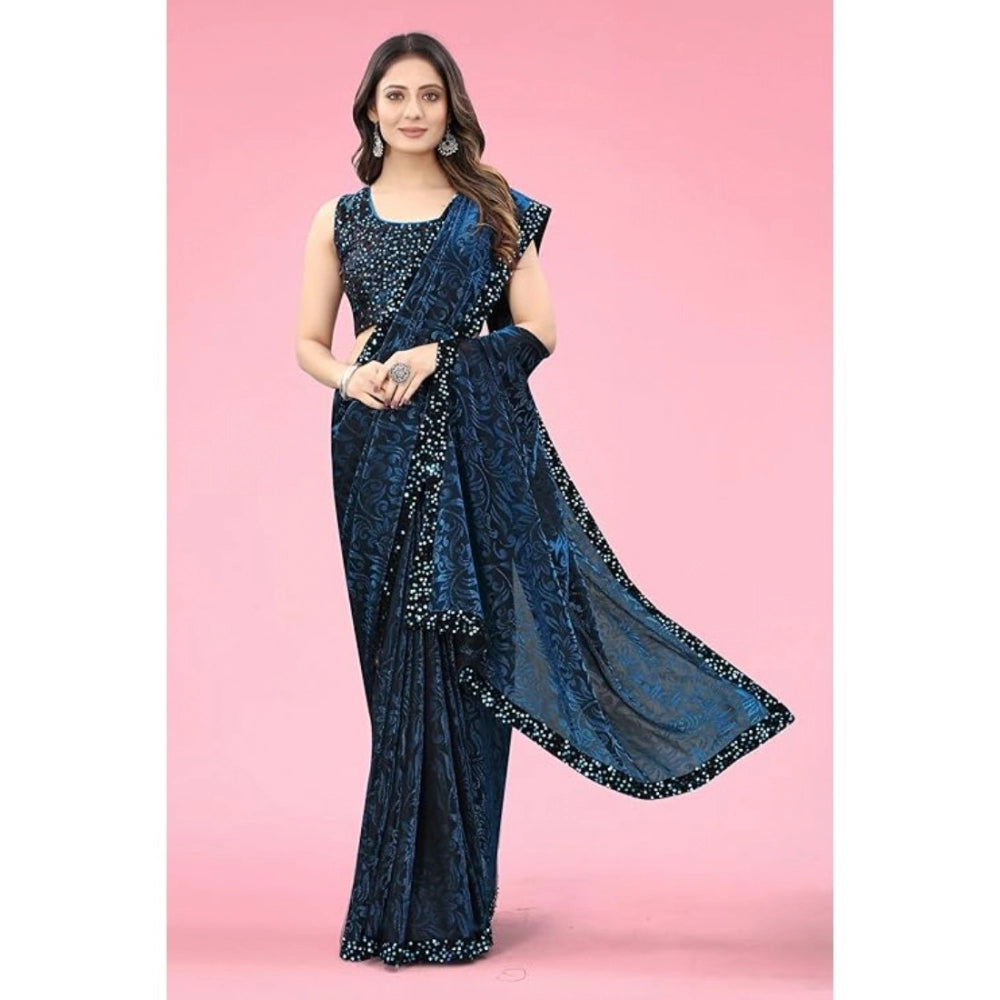 Blue Lycra floral saree with unstitched blouse, vibrant floral pattern for women's fashion