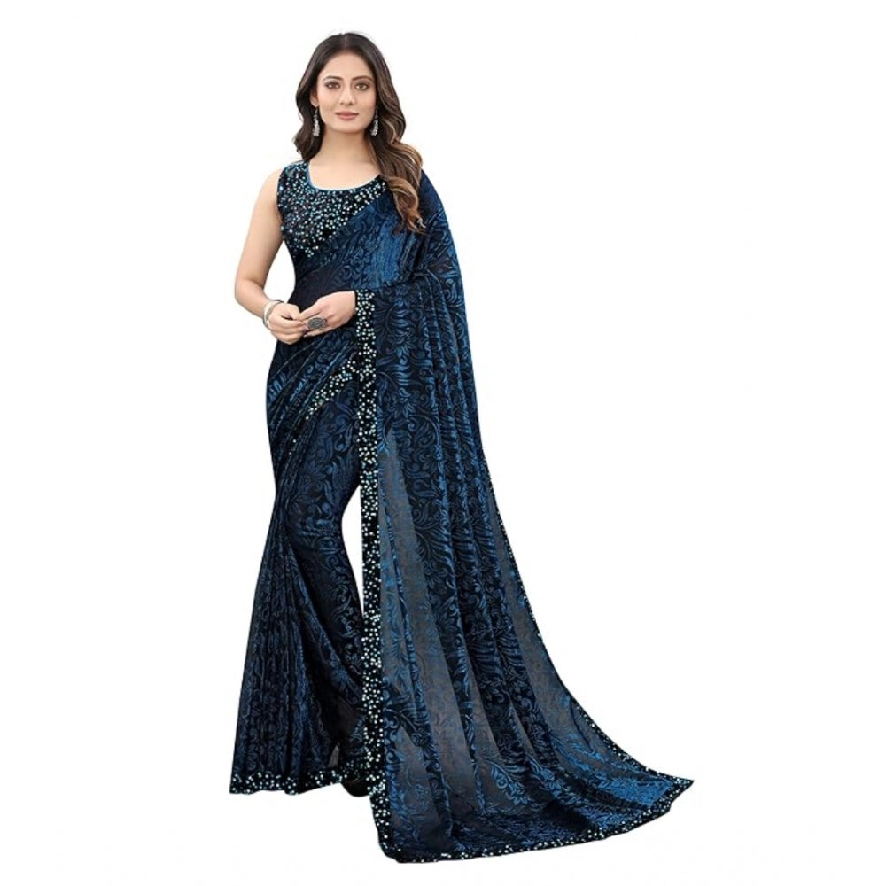 Blue Lycra floral saree with unstitched blouse (5.5 mtr) - vibrant flowers on a stretchy fabric for women's traditional wear