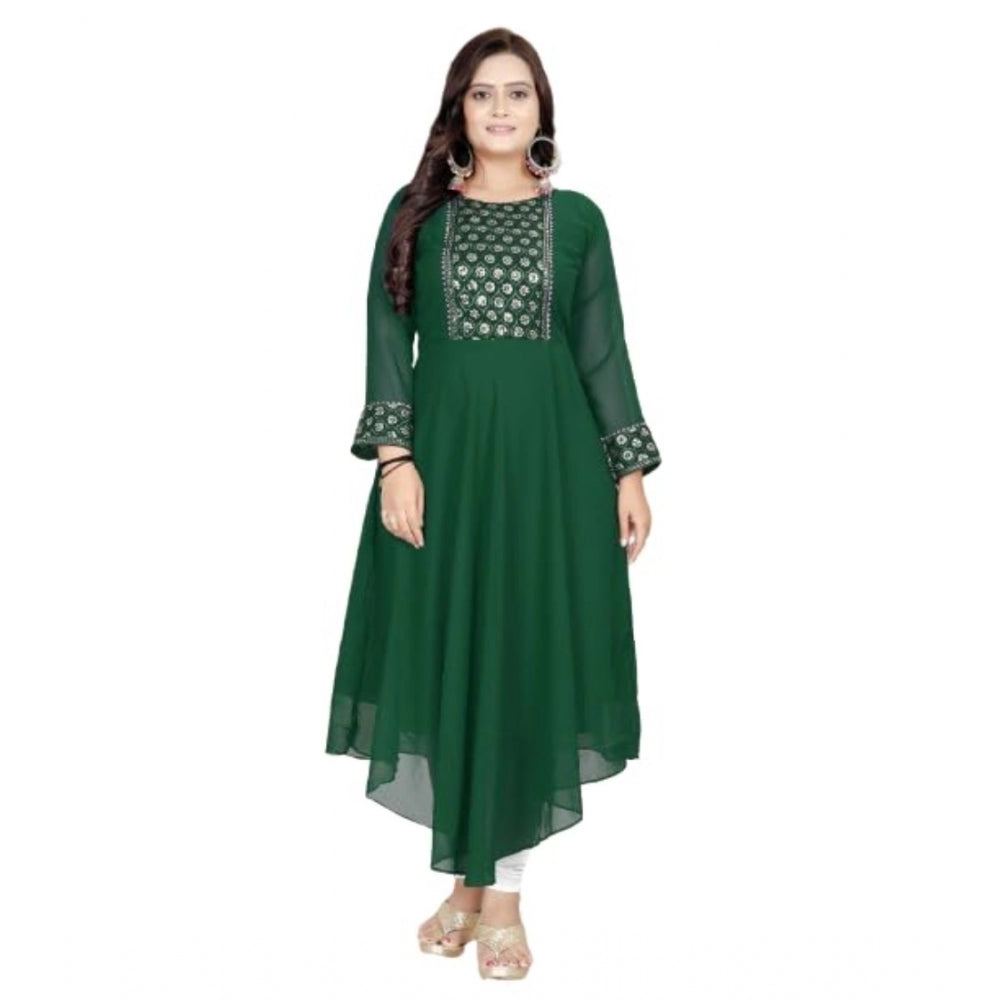 Green Georgette Embroidered Kurti with full sleeves, round neck, and calf length