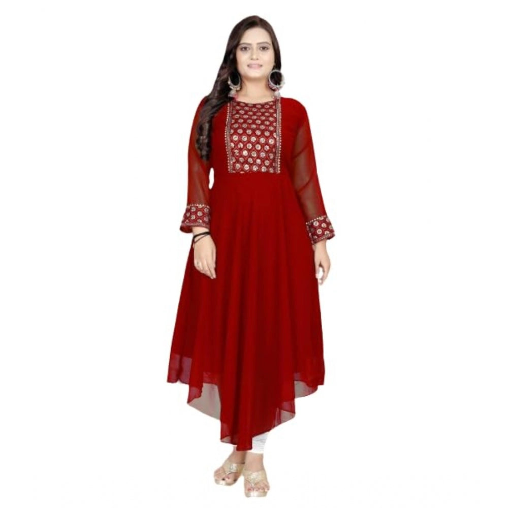 Maroon Georgette embroidered kurti for women - round neck, full sleeve, calf length