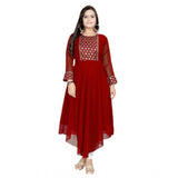 Maroon Georgette embroidered kurti for women - round neck, full sleeve, calf length