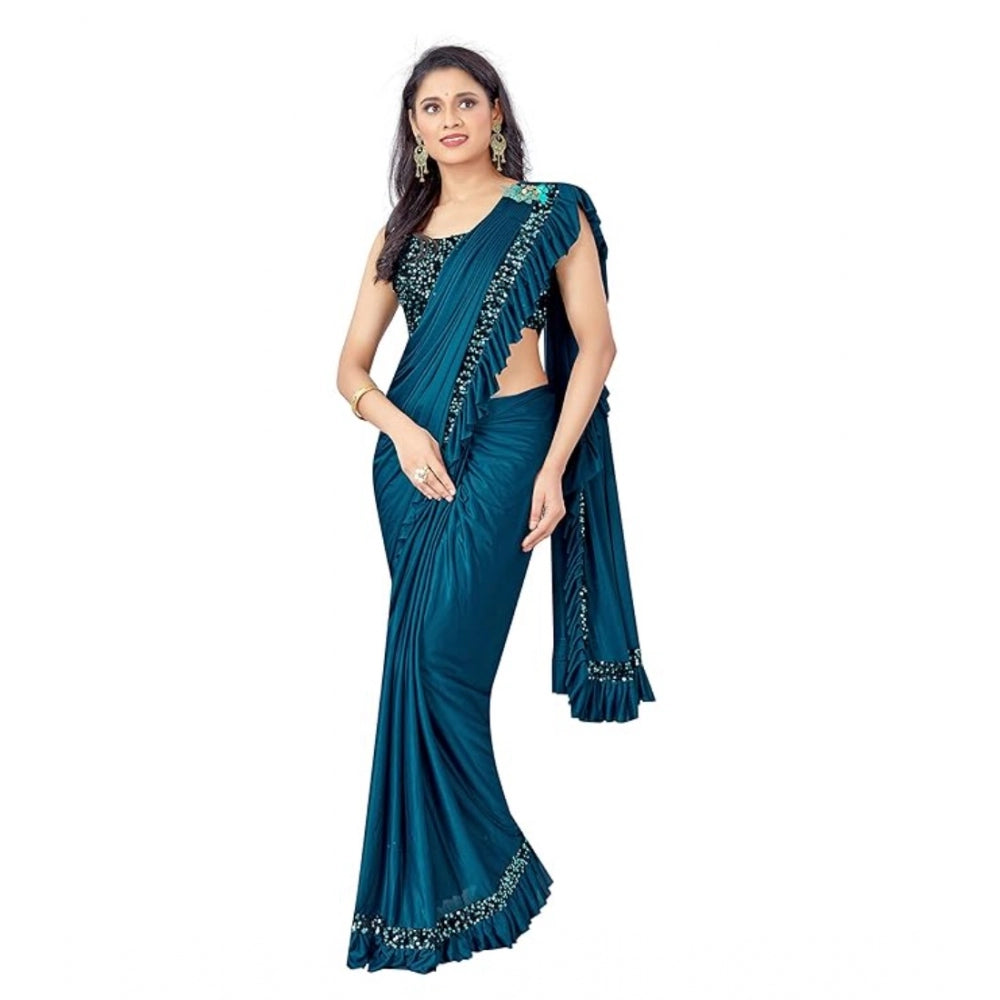 Lycra Rama solid saree with unstitched blouse, vibrant women's fashion wear on mannequin