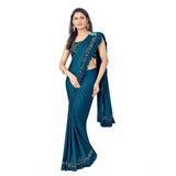 Women's Lycra Solid Saree With Unstitched Blouse (Rama, 5.5 Mtr)