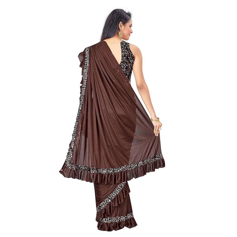Brown Lycra solid saree with unstitched blouse (5.5mtr)