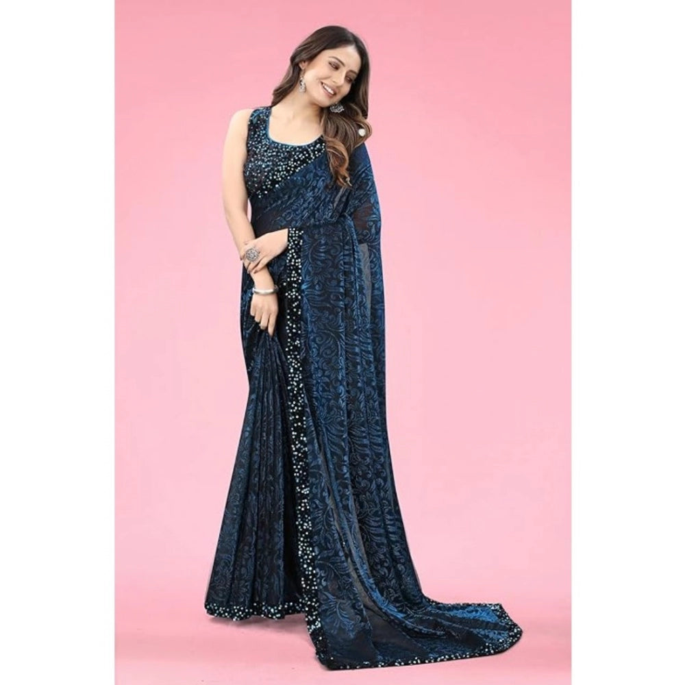Blue Lycra floral saree with unstitched blouse (5.5 mtr) on model for traditional Indian wear
