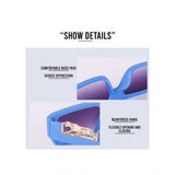 Blue plastic unisex sunglasses with UV400 protection, rectangular frame style on display stand