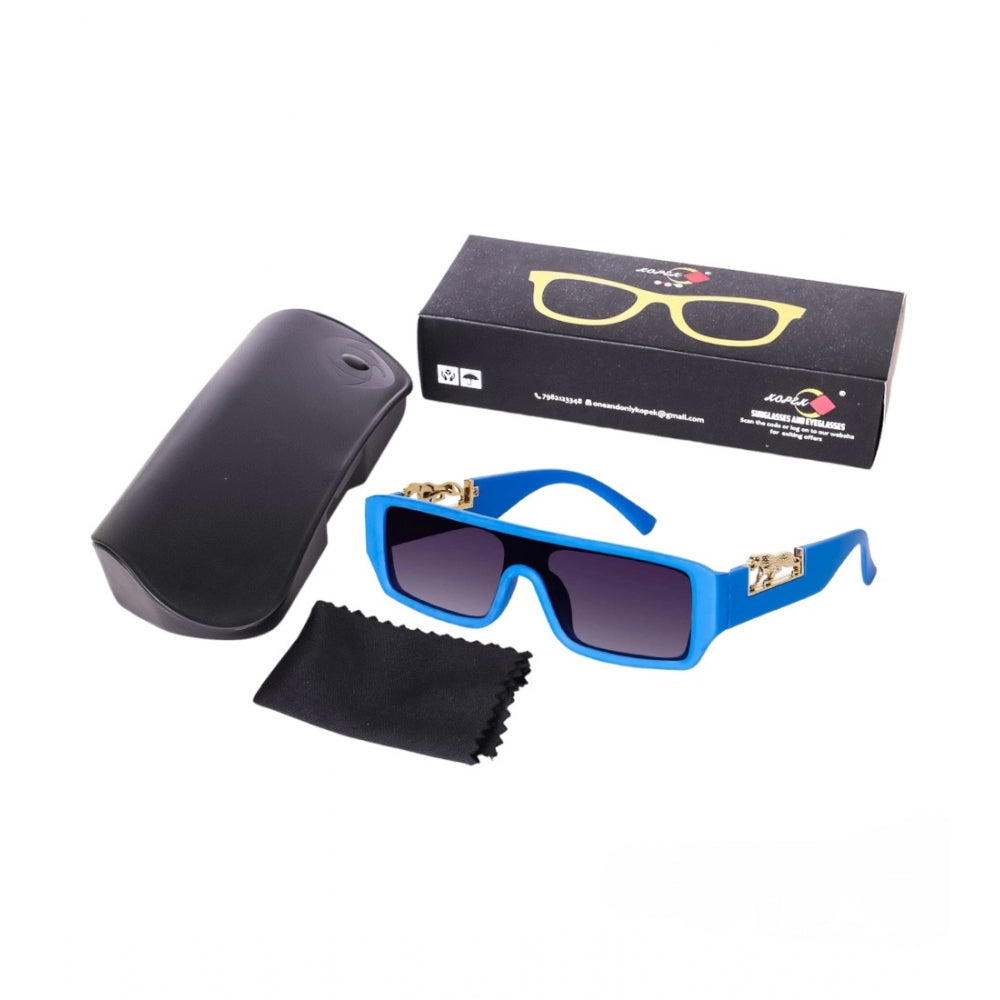 Blue plastic unisex sunglasses with UV400 protection, classic rectangular design