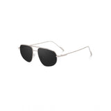 Silver metal aviator sunglasses with UV400 protection for unisex, close-up view on model