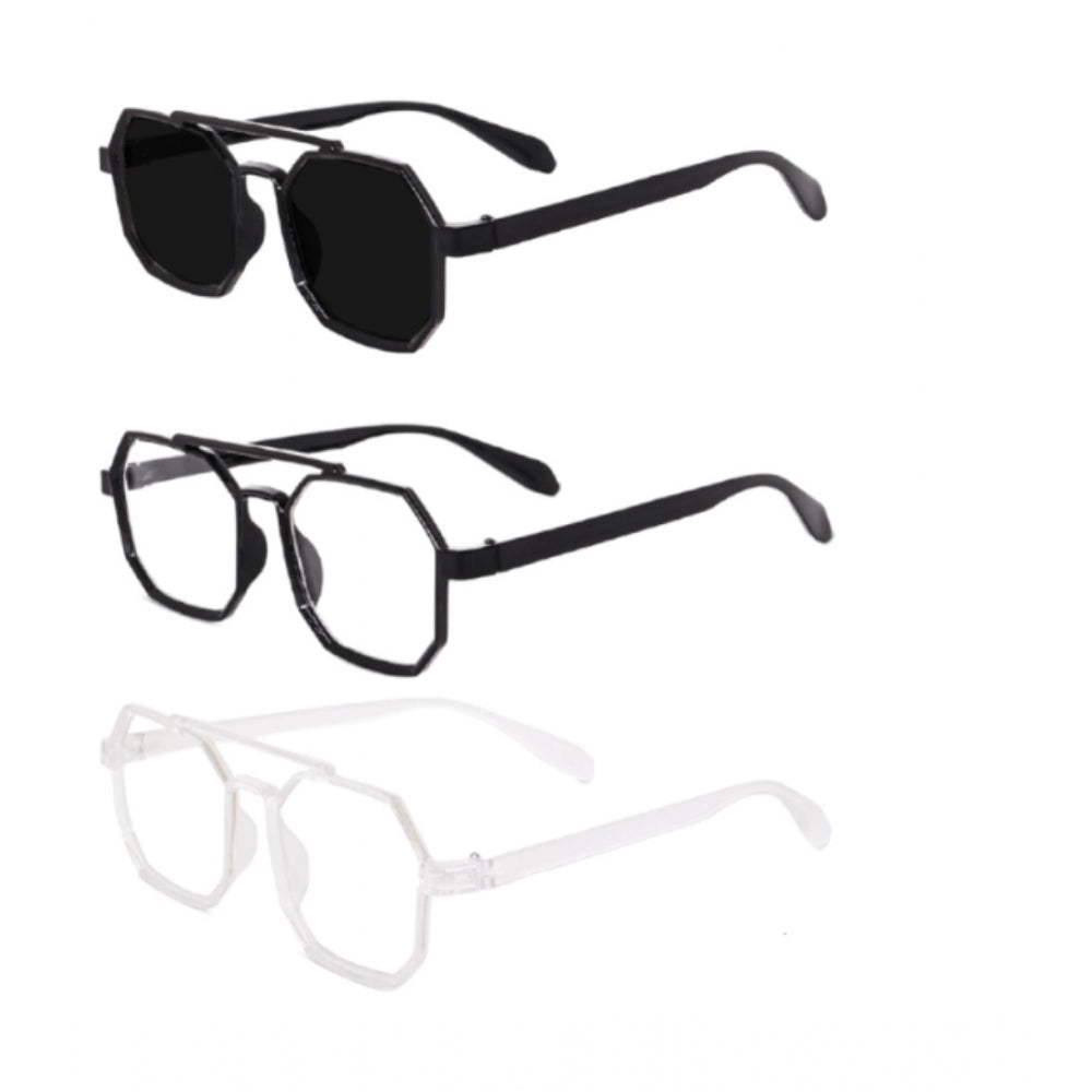 Metal square-frame unisex sunglasses, Pack of 3 with UV400 protection, MultiColor