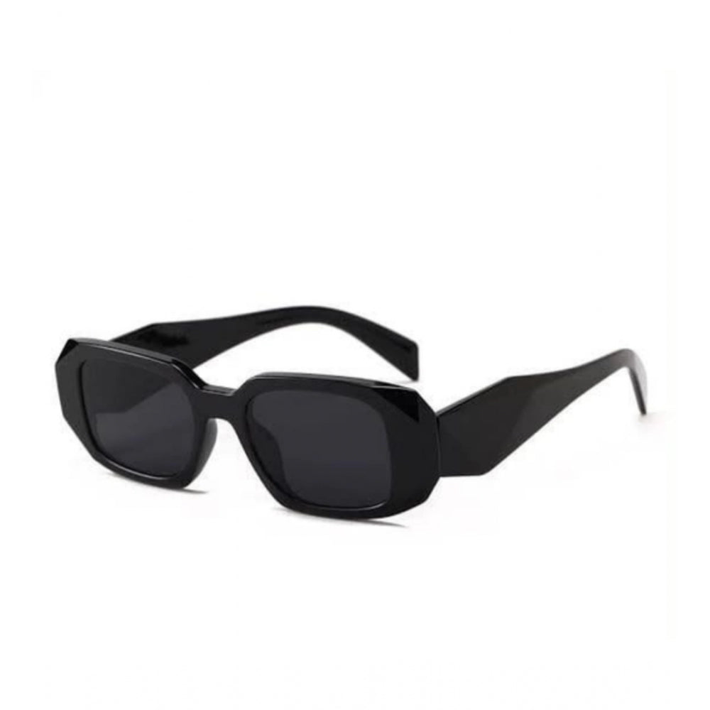 Classic black unisex UV400 protection sunglasses pair on model, plastic frame type square