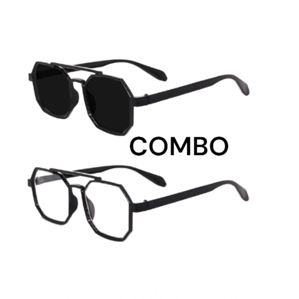 MultiColor plastic unisex UV400 protection sunglasses, pack of 2 with rectangular frames on model's face