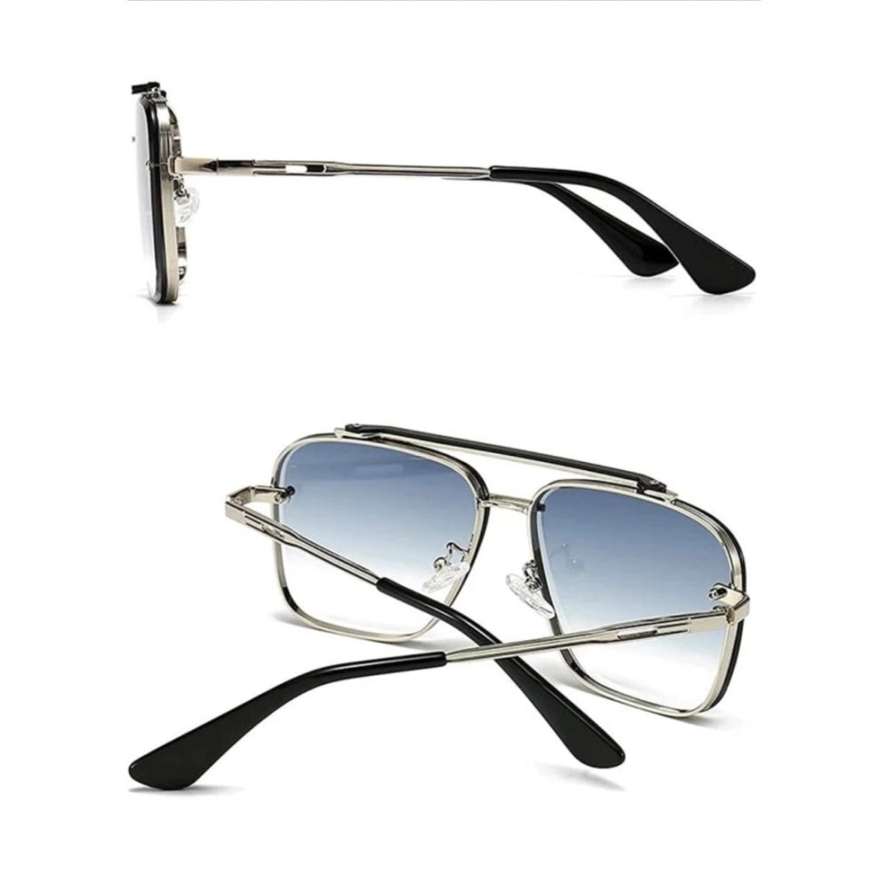 Blue metal aviator sunglasses with UV400 protection for unisex use, classic style on display stand