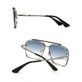 Blue metal aviator sunglasses with UV400 protection for unisex use, classic style on display stand