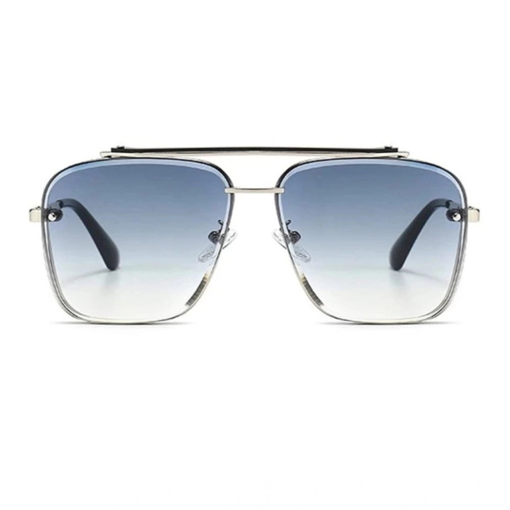 Blue metal aviator sunglasses with UV400 protection for unisex use, classic design on model's face