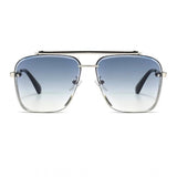 Blue metal aviator sunglasses with UV400 protection for unisex use, classic design on model's face