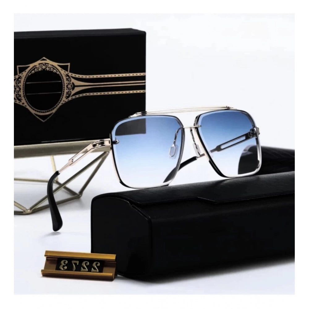 Blue metal aviator sunglasses with UV400 protection for unisex, worn on a table