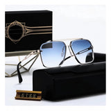 Blue metal aviator sunglasses with UV400 protection for unisex, worn on a table