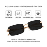 MultiColor alloy unisex UV400 protection sunglasses with rectangular frame, classic design on display stand