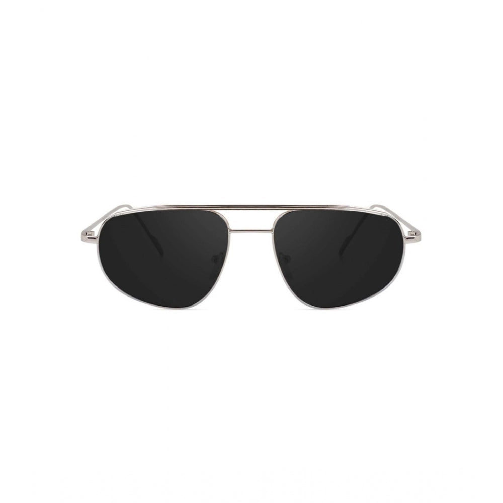 Silver metal aviator sunglasses with UV400 protection for unisex use, close-up view on model's face