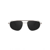 Silver metal aviator sunglasses with UV400 protection for unisex use, close-up view on model's face