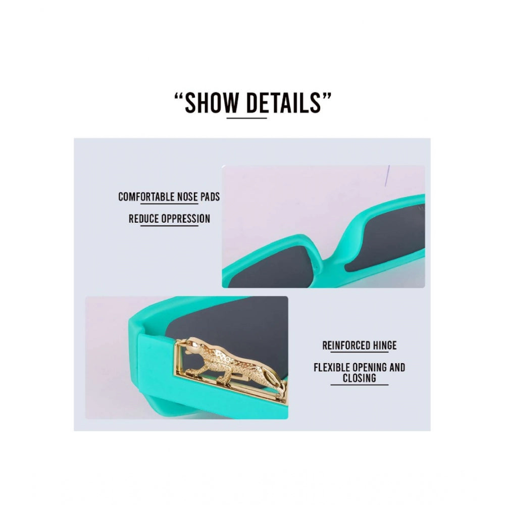 MultiColor polycarbonate unisex sunglasses with UV400 protection, rectangular frame style on display stand