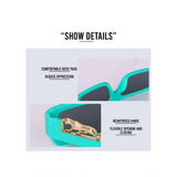 MultiColor polycarbonate unisex sunglasses with UV400 protection, rectangular frame style on display stand