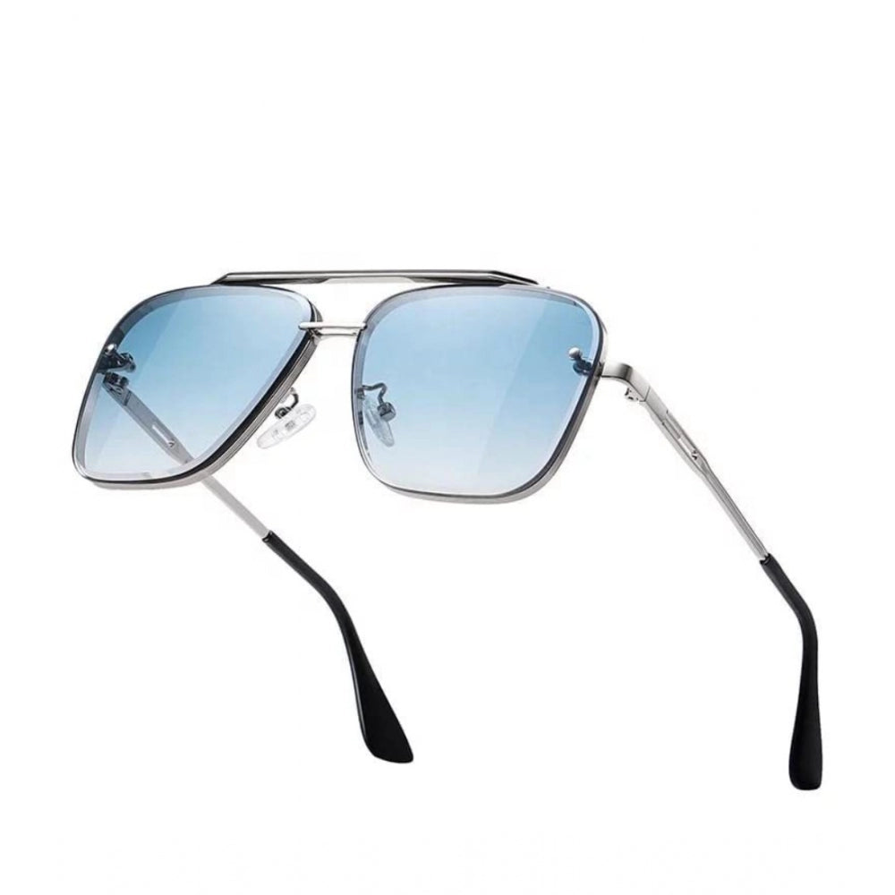 Blue metal aviator sunglasses with UV400 protection for unisex style, on model's face