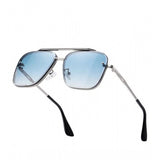 Blue metal aviator sunglasses with UV400 protection for unisex style, on model's face
