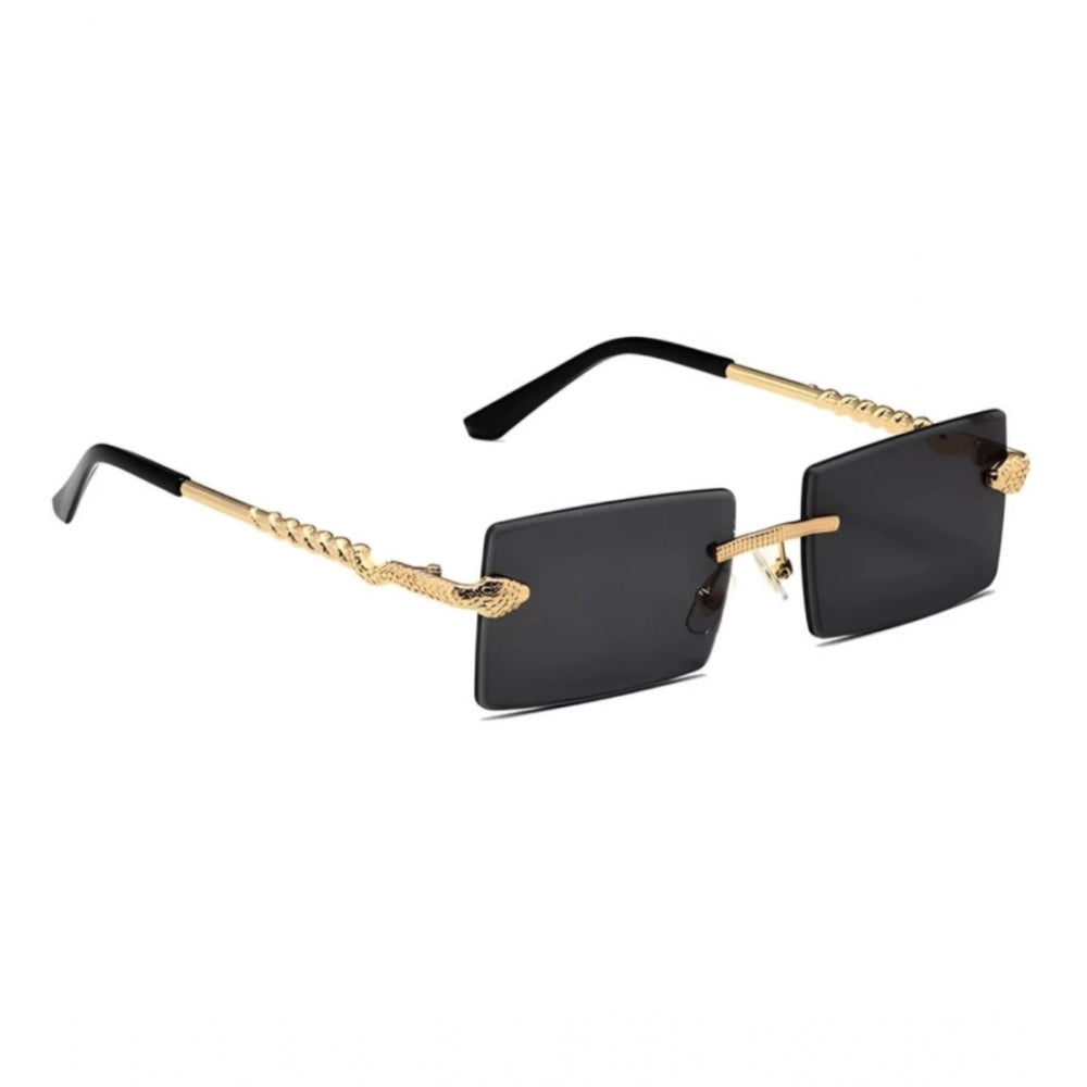 Black metal rectangular unisex sunglasses with UV400 protection, close-up view on model's face