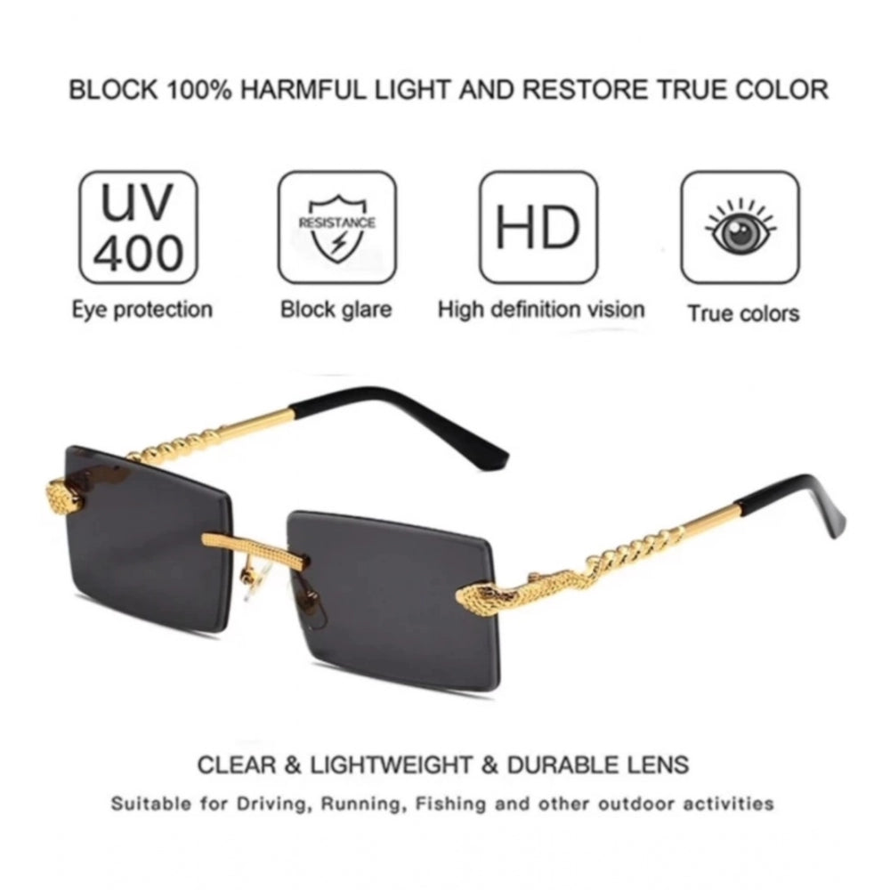 Black metal rectangular unisex sunglasses with UV400 protection on face model