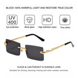 Black metal rectangular unisex sunglasses with UV400 protection on face model