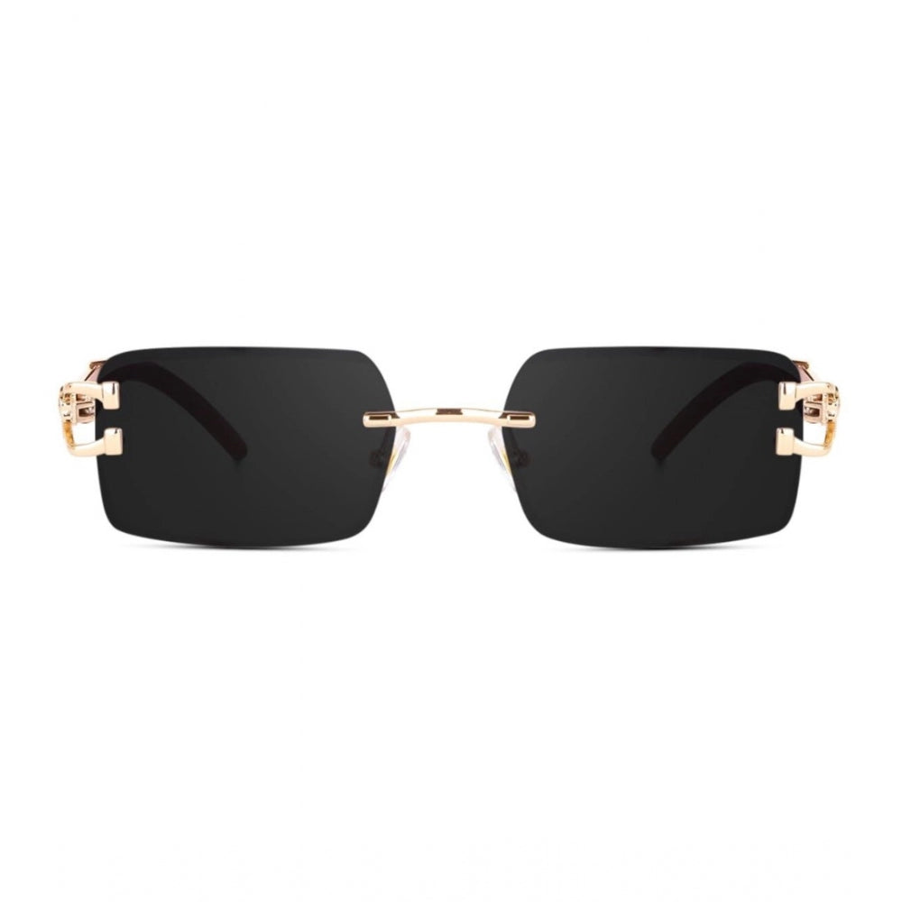 Black metal retro square unisex sunglasses with UV400 protection, on model's face for scale