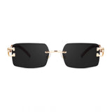 Black metal retro square unisex sunglasses with UV400 protection, on model's face for scale