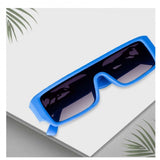 Blue plastic unisex sunglasses with UV400 protection, rectangular frame design