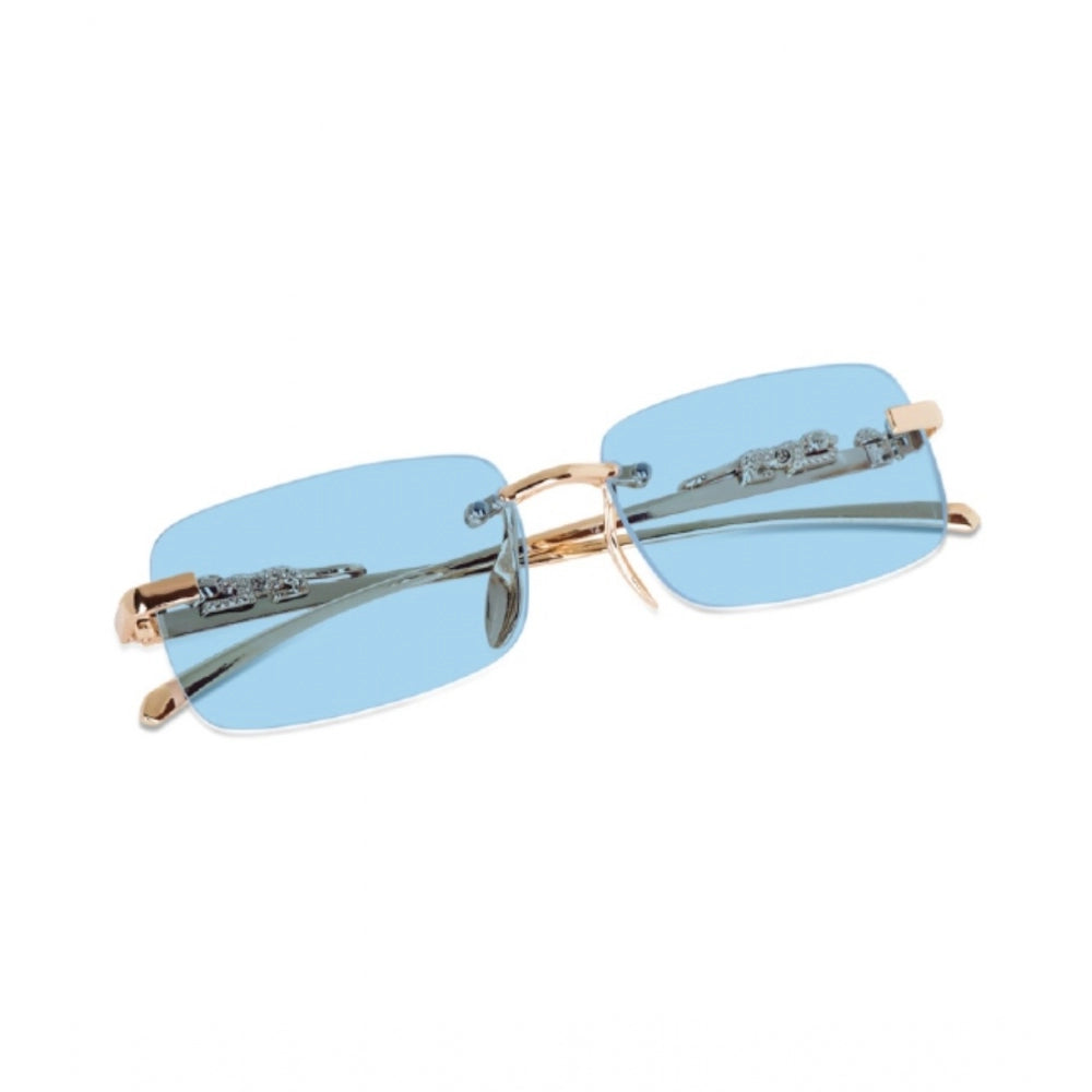 Gold metal unisex sunglasses with UV400 protection, rectangular frame style on model's face