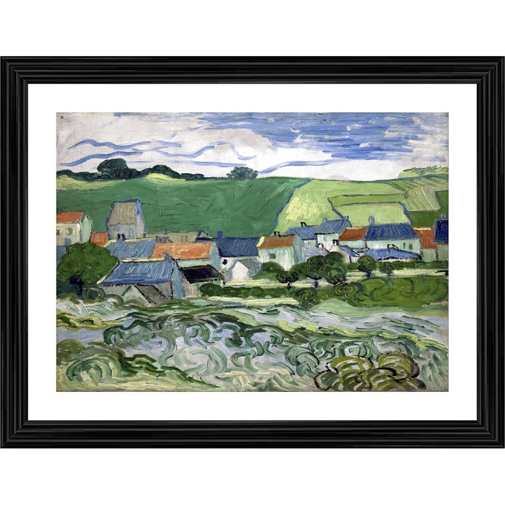 A scene from Auvers, a famous painting by Vincent Van Gogh, depicted in a multicolor wood photo frame. The image showcases a vibrant village and rolling green hills, captured in an impressionistic style