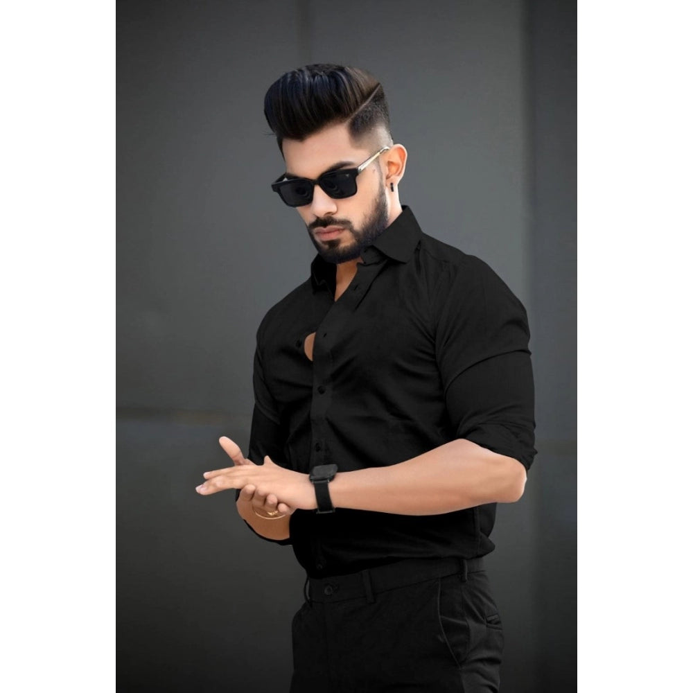 Men's Casual Full Sleeve Poly Viscose Collar Neck Shirt (Black) - GillKart