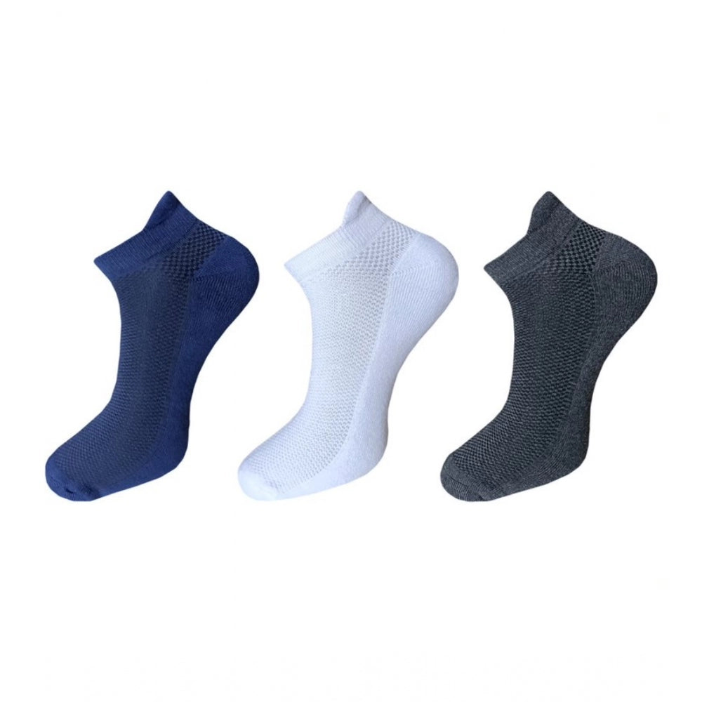 Blue and white ankle socks, cotton material, 3-pair set, breathable design.
