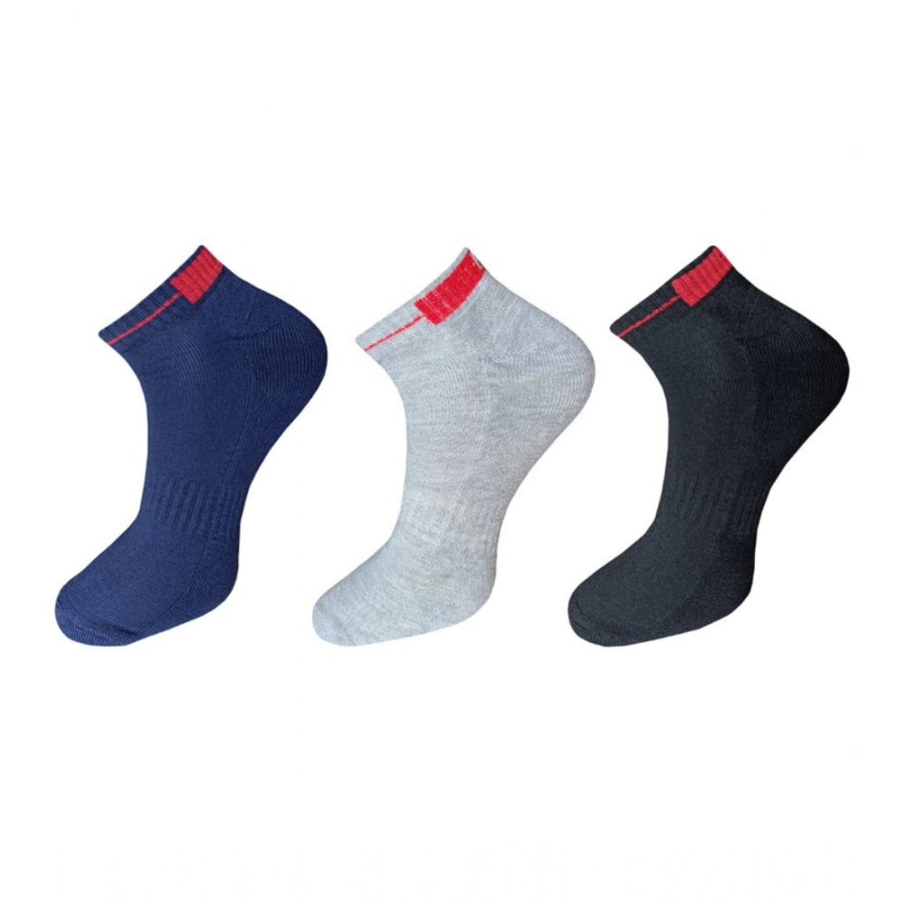 3 pair unisex cotton ankle socks, black, gray, red trim, casual socks