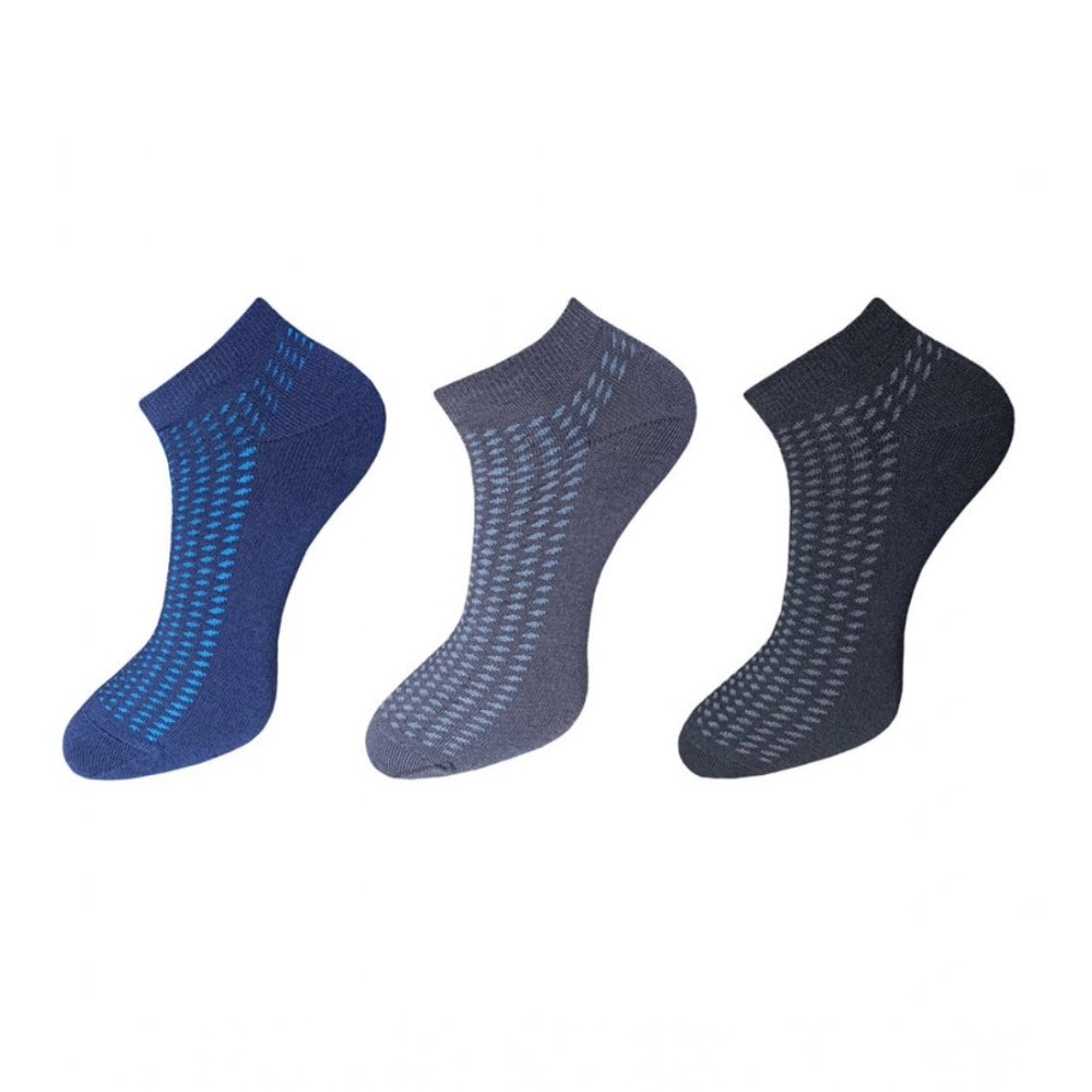 Blue cotton ankle socks 3-pair set, printed, casual, comfortable.